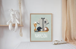 Personalized Watercolor Baseball Nursery Decor Wall Art Print - Custom Sports Baseball Helmet Bat - Navy Blue with Sage Background