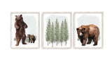 Bear Woodland Forest Trees Animal Watercolor Wilderness Outdoor Themed Nursery Decor Set of 3 Unframed Prints