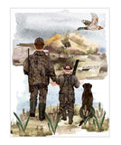 Watercolor Father Son Duck Hunting with Dog Nursery Little Boys Room Unframed Print, Rustic Outdoor Themed Decor