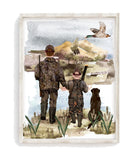 Watercolor Father Son Duck Hunting with Dog Nursery Little Boys Room Unframed Print, Rustic Outdoor Themed Decor