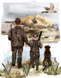 Watercolor Father Son Duck Hunting with Dog Nursery Little Boys Room Unframed Print, Rustic Outdoor Themed Decor