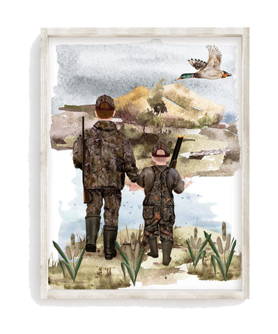 Watercolor Father Son Duck Hunting Nursery Little Boys Room Unframed Print, Rustic Outdoor Themed Decor