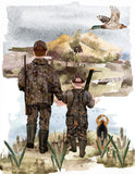 Watercolor Father Son Duck Hunting with Beagle Dog Nursery Little Boys Room Unframed Print, Rustic Outdoor Themed Decor