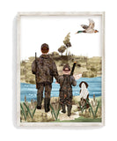 Watercolor Father Son Duck Hunting with Springer Spaniel Dog Nursery Little Boys Room Unframed Print, Rustic Outdoor Themed Decor