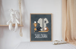 Personalized Watercolor Baseball Nursery Decor Wall Art Print - Custom Sports Baseball Helmet Bat - Navy Blue