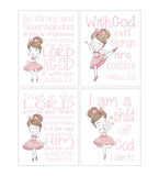 Blonde Ballerina in Pink Christian Nursery Decor Set of 4 Prints with Bible Verses