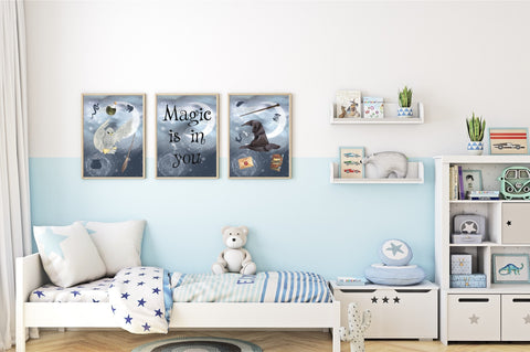 Magic Is In You Wizard Magic Nursery Decor Set of 3 Wall Art Prints Neutral, Wizardry Kid's Room Décor