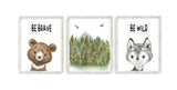 Be Brave Be Wild Bear Wolf Woodland Forest Animals Watercolor Wilderness Outdoor Themed Nursery Decor Set of 3 Unframed Prints