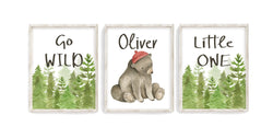Personalized Go Wild Little One Bear Woodland Forest Animals Watercolor Wilderness Outdoor Themed Nursery Decor Set of 3 Unframed Prints