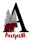 Personalized Woodland Bear Red Buffalo Plaid Baby Boy Nursery Decor Wall Art Print - Baby Name Letter Initial Monogram Rustic Outdoor Theme