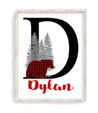 Personalized Woodland Bear Red Buffalo Plaid Baby Boy Nursery Decor Wall Art Print - Baby Name Letter Initial Monogram Rustic Outdoor Theme