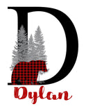 Personalized Woodland Bear Red Buffalo Plaid Baby Boy Nursery Decor Wall Art Print - Baby Name Letter Initial Monogram Rustic Outdoor Theme
