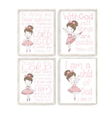 Brunette Ballerina in Pink Christian Nursery Decor Set of 4 Prints with Bible Verses
