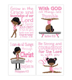 African American Pink Gymnastics Christian Nursery Set of 4 Unframed Prints with Bible Verses - Gymnast Little Girls Room