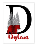 Personalized Woodland Bear Red Buffalo Plaid Baby Boy Nursery Decor Wall Art Print - Baby Name Letter Initial Monogram Rustic Outdoor Theme