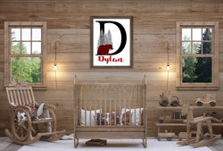 Personalized Woodland Bear Red Buffalo Plaid Baby Boy Nursery Decor Wall Art Print - Baby Name Letter Initial Monogram Rustic Outdoor Theme