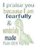 Watercolor Prehistoric Dinosaur Christian Nursery Decor Set of 4 Unframed Prints with Bible Verses