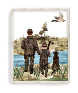Watercolor Father Son Duck Hunting with Black Lab Nursery Little Boys Room Unframed Print, Rustic Outdoor Themed Decor