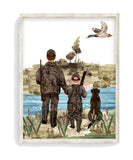 Watercolor Father Son Duck Hunting with Black Lab Nursery Little Boys Room Unframed Print, Rustic Outdoor Themed Decor