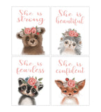 Watercolor Woodland Bear Fox Hedgehog and Raccoon Encouraging Quotes Nursery Set of 4 Unframed Prints