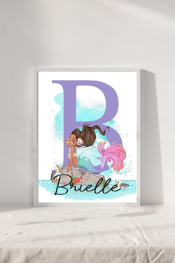 African American Personalized Name Watercolor Mermaid Under the Sea Nursery Little Girls Room Unframed Print