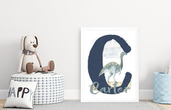Dinosaur Watercolor Personalized Name Initial Monogram Letter, Custom Nursery Decor Wall Art Unframed Print
