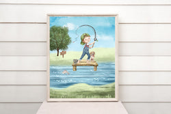 Watercolor Little Boy Fishing with Puppy Dog Nursery Little Boys Room Unframed Print, Rustic Outdoor Themed Decor