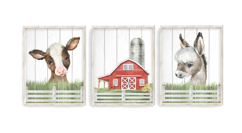 Rustic Farm Watercolor Nursery Decor Set of 3 Unframed Farmhouse Prints Cow, Donkey, Barn, Shiplap