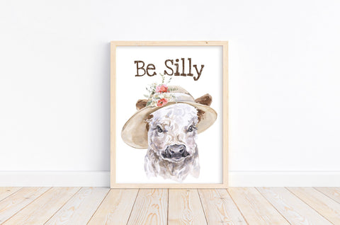 Cow with Hat Farm Animal Watercolor Rustic Nursery Decor Unframed Print, Be Silly