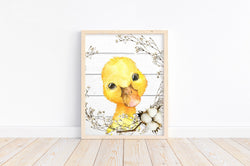 Duck Farm Animal Watercolor Cotton Wreath and Shiplap Rustic Nursery Decor Unframed Print