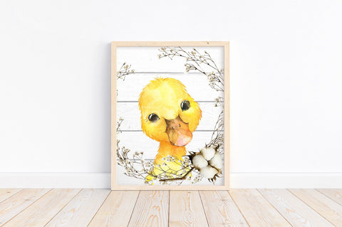 Duck Farm Animal Watercolor Cotton Wreath and Shiplap Rustic Nursery Decor Unframed Print