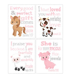 Farm Animals Christian Nursery Decor Set of 4 Unframed Prints, Cow, Pig, Sheep and Horse with Bible Verses