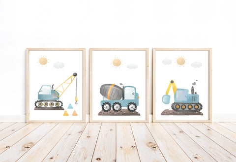 Watercolor Cute Construction Vehicles Boys Room Nursery Set of 3 Unframed Prints
