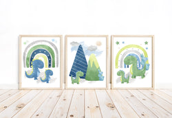 Watercolor Dinosaur Nursery Set of 3 Unframed Dino Prints with Mountains Cactus and Rainbows