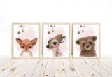 Watercolor Deer Bear Fox Woodland Baby Forest Animal Nursery Decor Set of 3 Unframed Prints