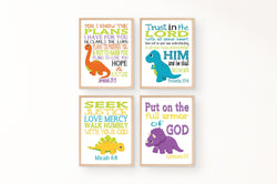 Dinosaur Christian Nursery Decor Set of 4 Unframed Prints Tyrannosaurus Rex, Brontosaurus, Stegosaurus, Triceratops with Bible Verses