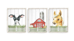 Rustic Farm Watercolor Nursery Decor Set of 3 Unframed Farmhouse Prints Cow, Horse, Barn, Shiplap