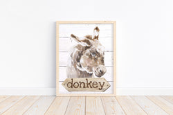 Donkey Watercolor Farm Animal Rustic Shiplap Farmhouse Nursery Decor Unframed Print