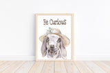 Goat with Hat Farm Animal Watercolor Rustic Nursery Decor Unframed Print, Be Curious