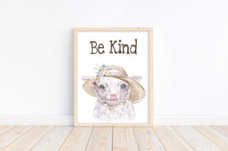 Lamb with Hat Farm Animal Watercolor Rustic Nursery Decor Unframed Print, Be Kind