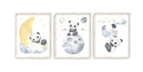 Watercolor Panda Moon Stars and Balloons Blue Gender-Neutral Nursery Decor Set of 3 Unframed Prints Toddler Space Theme