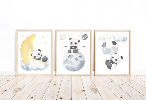 Watercolor Panda Moon Stars and Balloons Blue Gender-Neutral Nursery Decor Set of 3 Unframed Prints Toddler Space Theme