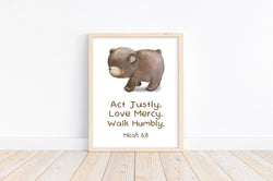 Watercolor Bear Woodland Animal Christian Nursery Unframed Print Act Justly, Love Mercy, Walk Humbly - Micah 6:8