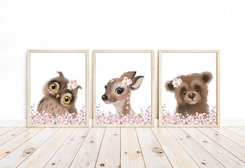 Watercolor Deer Bear Owl Floral Woodland Baby Forest Animal Nursery Decor Set of 3 Unframed Prints