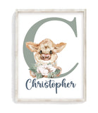 Personalized Watercolor Highland Cow Rustic Cotton Farmhouse Baby Boy Nursery Unframed Print - Baby Name Letter Initial Monogram