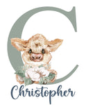 Personalized Watercolor Highland Cow Rustic Cotton Farmhouse Baby Boy Nursery Unframed Print - Baby Name Letter Initial Monogram