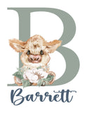 Personalized Watercolor Highland Cow Rustic Cotton Farmhouse Baby Boy Nursery Unframed Print - Baby Name Letter Initial Monogram