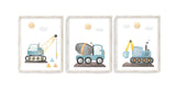 Watercolor Cute Construction Vehicles Boys Room Nursery Set of 3 Unframed Prints