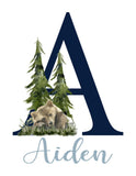 Personalized Woodland Bear Rustic Outdoor Wilderness Themed Baby Boy Nursery Decor Unframed Print - Baby Name Letter Initial Monogram