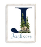 Personalized Woodland Bear Rustic Outdoor Wilderness Themed Baby Boy Nursery Decor Unframed Print - Baby Name Letter Initial Monogram